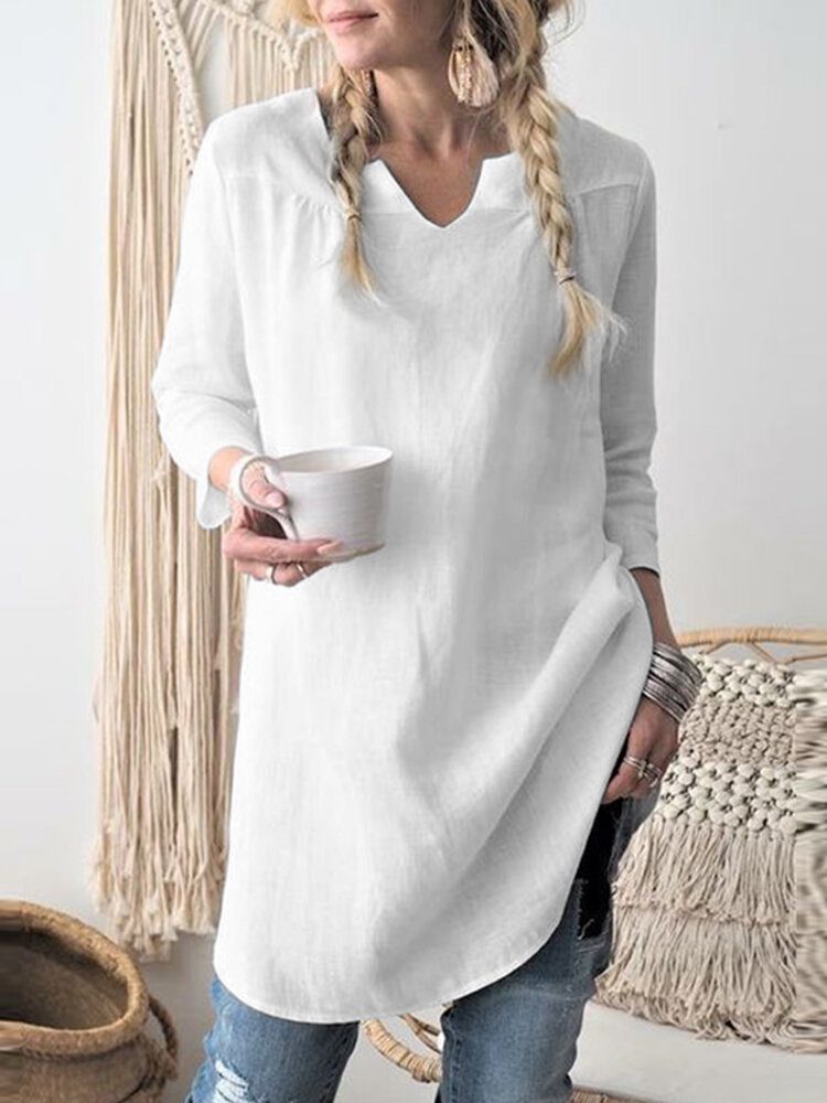 Solid Notch Neck Langermet Bluse For Dame