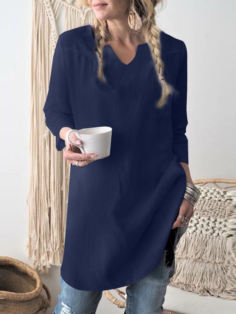 Solid Notch Neck Langermet Bluse For Dame