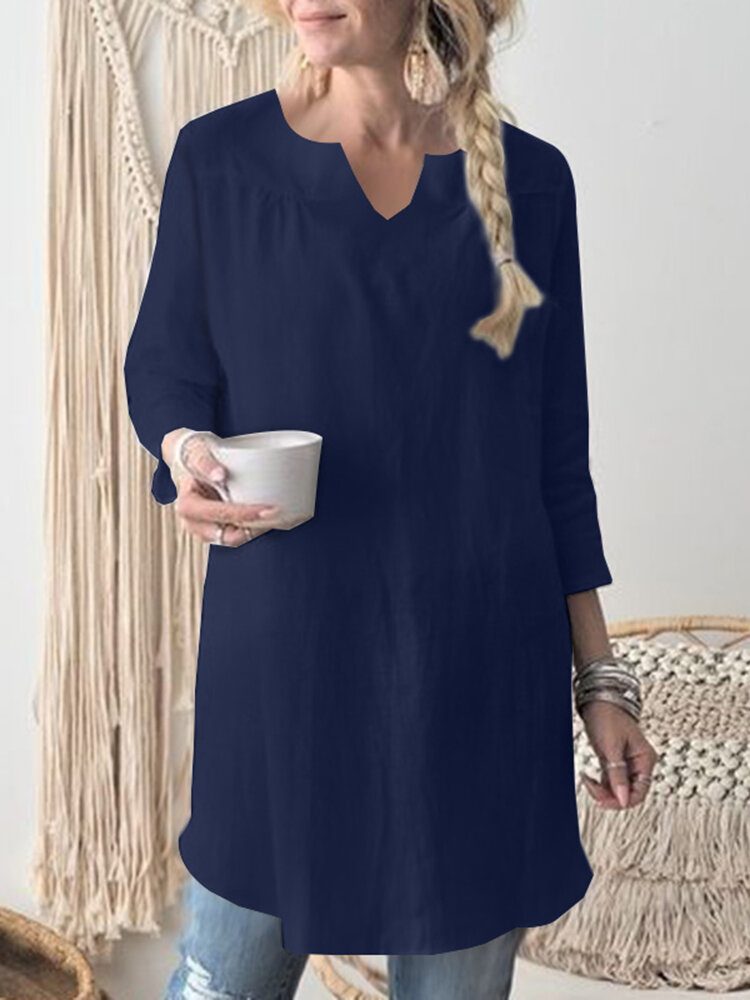 Solid Notch Neck Langermet Bluse For Dame