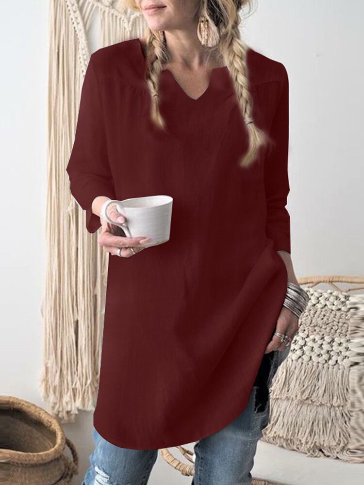 Solid Notch Neck Langermet Bluse For Dame