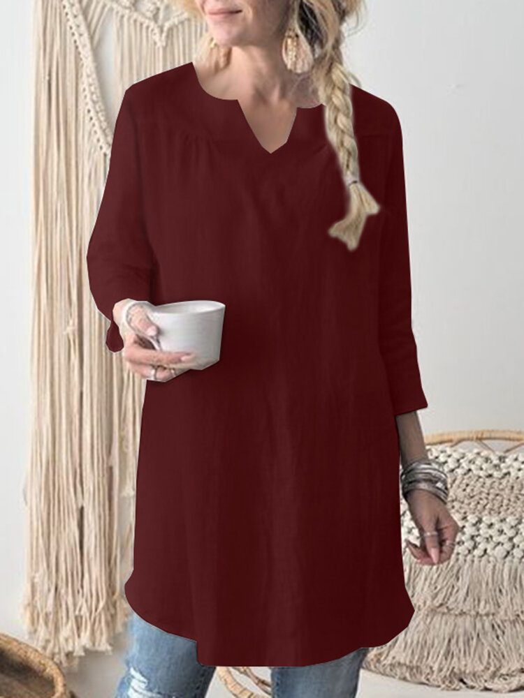 Solid Notch Neck Langermet Bluse For Dame