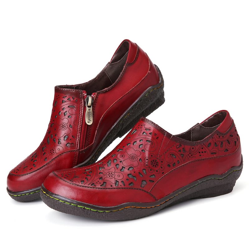 Skinn Blomsterutskjæringer Sideglidelås Slip On Loafers Sklisikkert Flate Sko