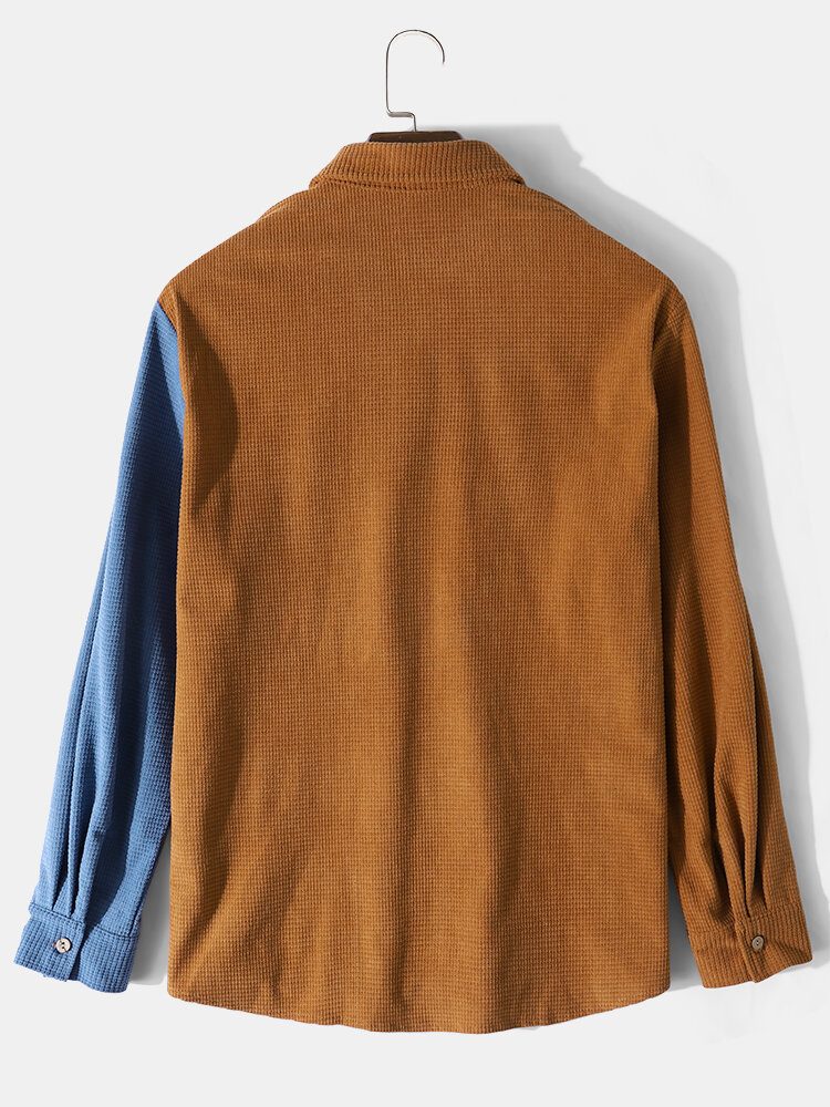 Herre Corduroy Patchwork Color Block Brystlomme Langermede Komfortable Fritidsskjorter
