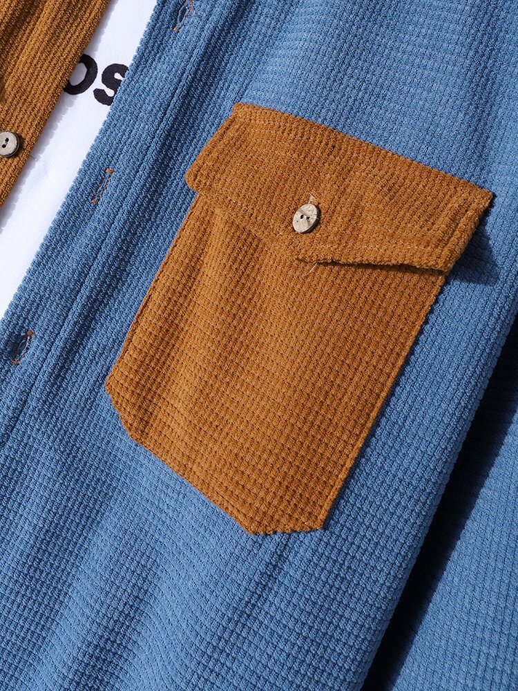 Herre Corduroy Patchwork Color Block Brystlomme Langermede Komfortable Fritidsskjorter