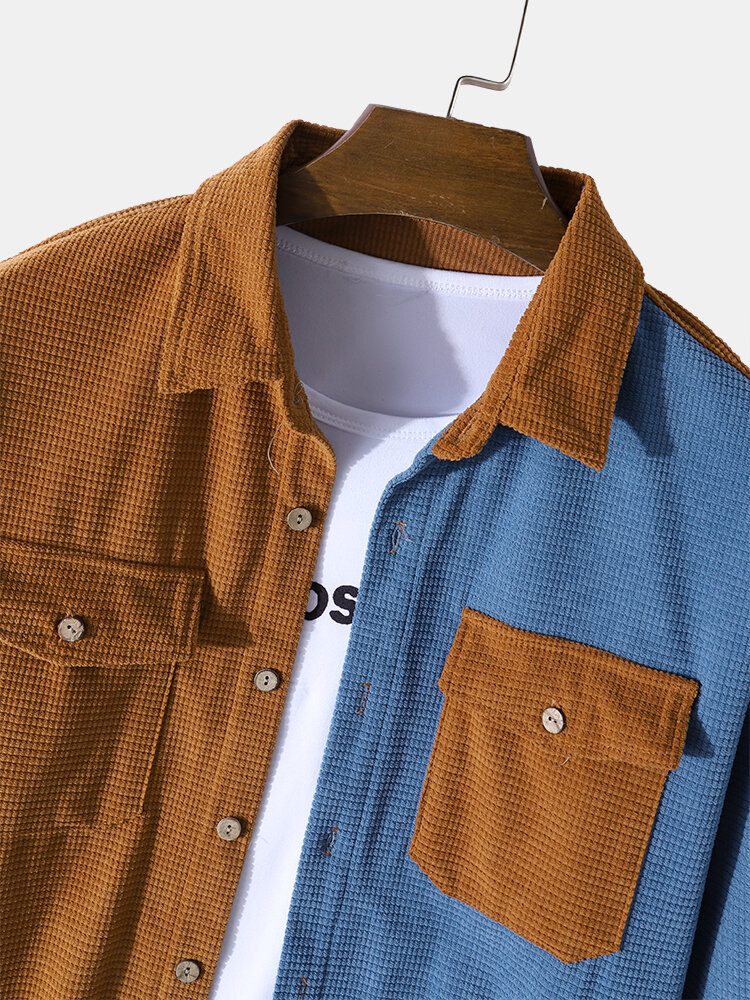 Herre Corduroy Patchwork Color Block Brystlomme Langermede Komfortable Fritidsskjorter