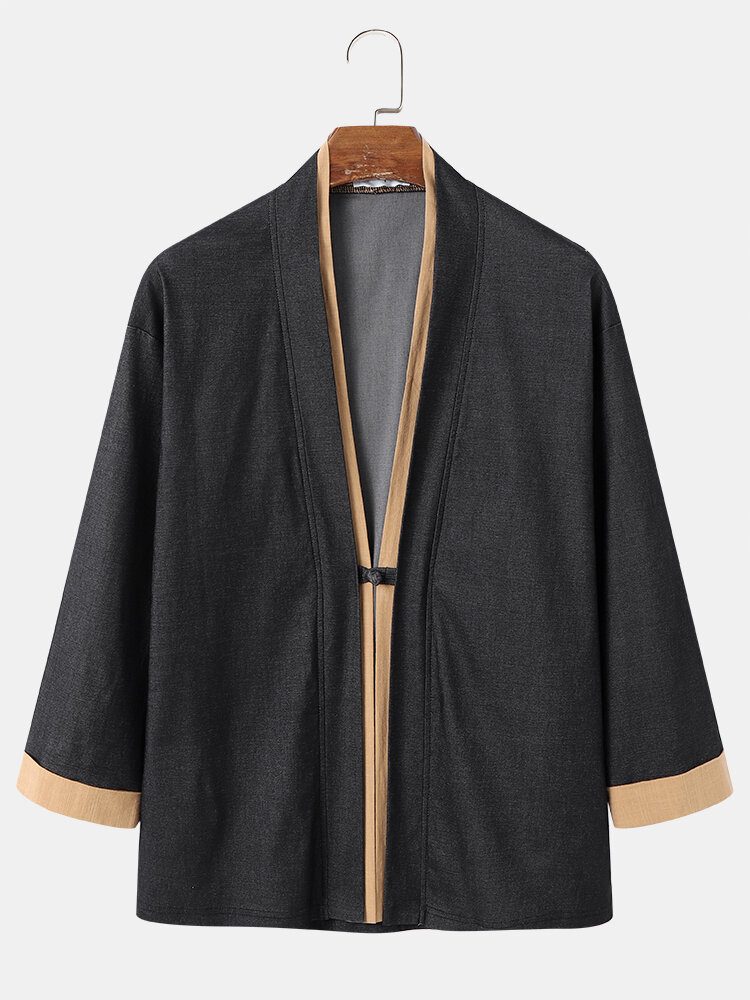 Menn Faux To Deles Patchwork Kimono Front Åpen Langermet Casual Skjorter