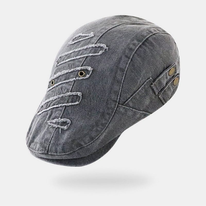 Herre Bomull Kort Brem Pustende Hulldesign Beret Flate Cap Mote Sidejusterbar Spenne Forover Lue Newsboyhatt