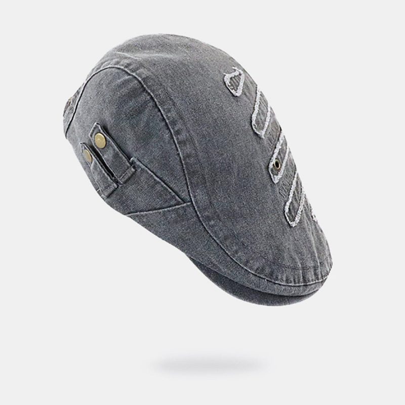 Herre Bomull Kort Brem Pustende Hulldesign Beret Flate Cap Mote Sidejusterbar Spenne Forover Lue Newsboyhatt